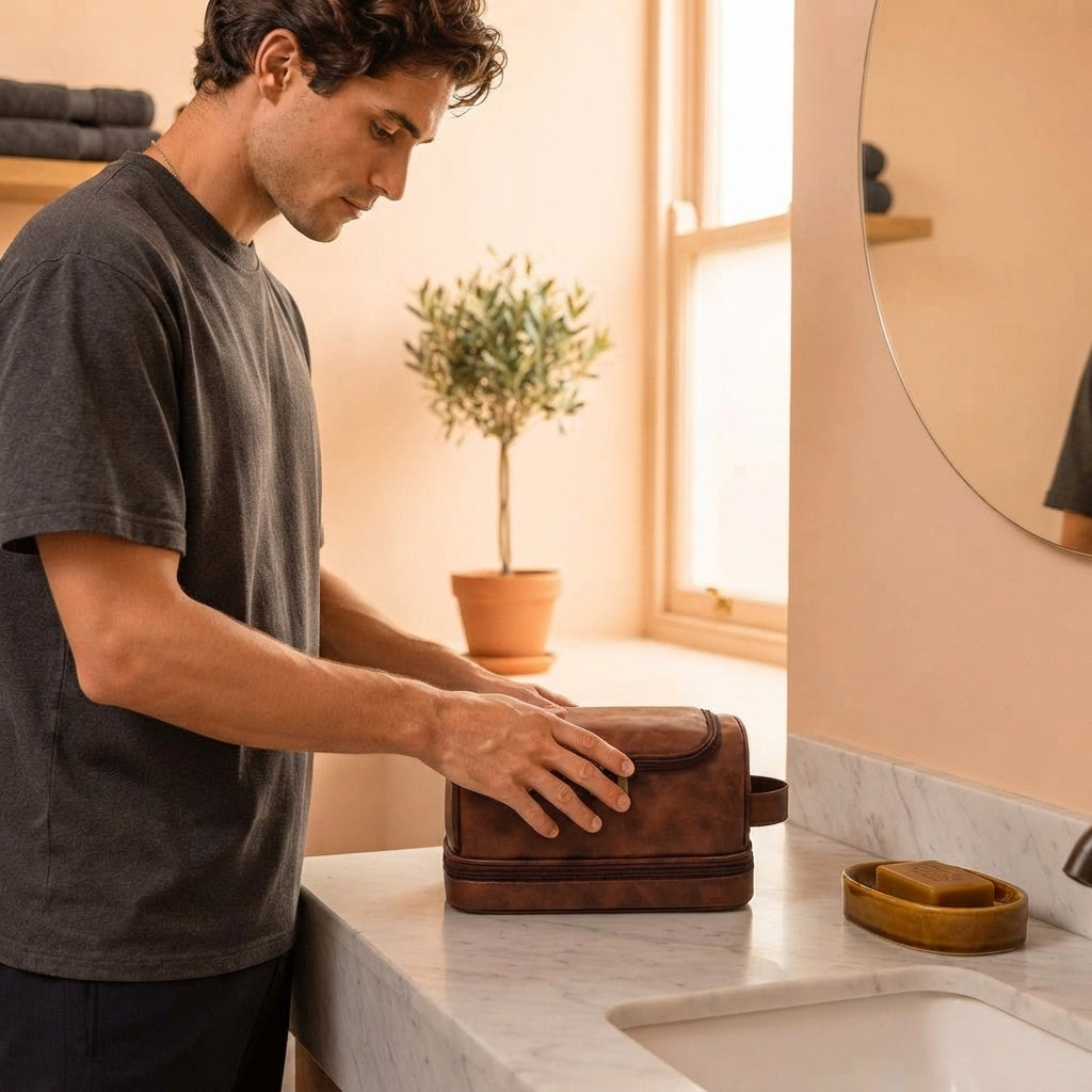 A man placing a premium leather toiletry bag on a luxury bathroom vanity in a modern home setting.