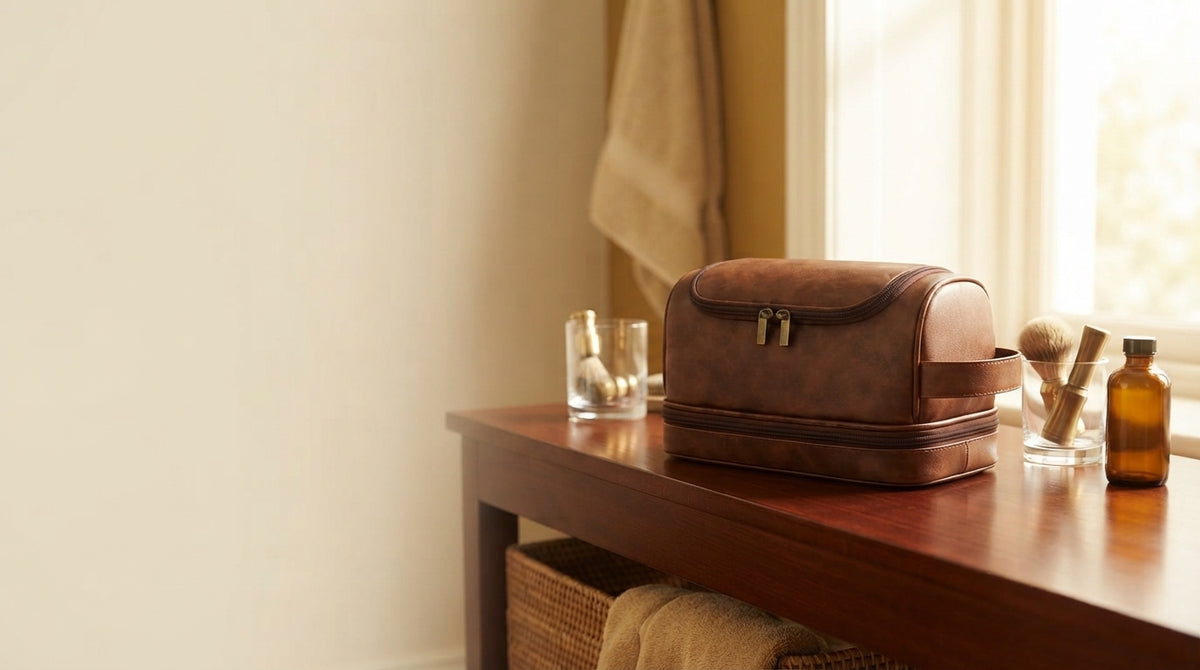 A premium leather travel toiletry bag on an elegant hotel vanity in a bright, modern room.