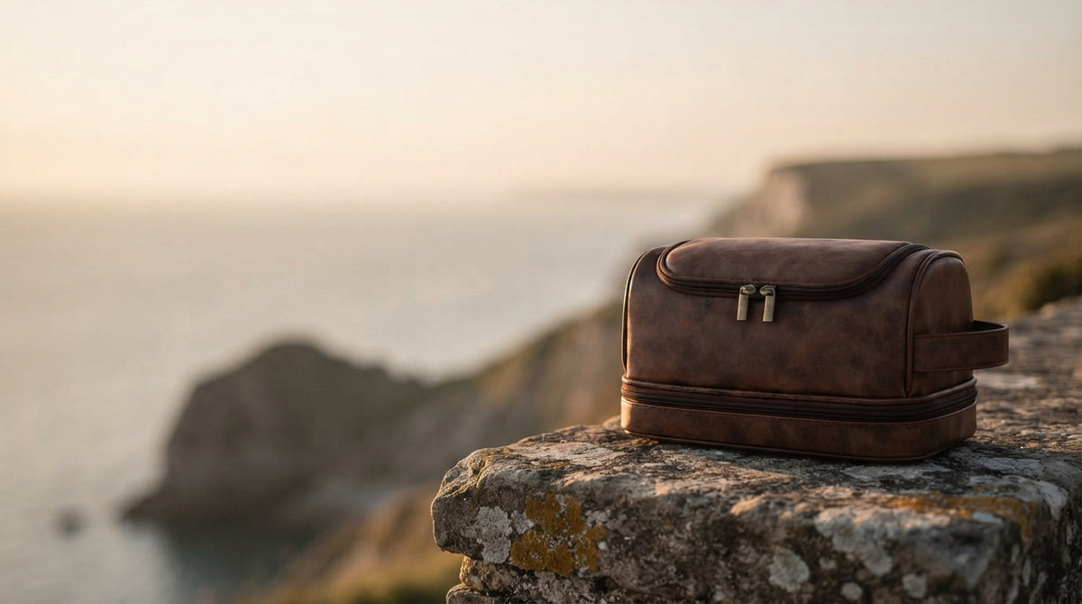 A premium leather toiletry bag on a stone ledge against a blurred coastal landscape during sunset.